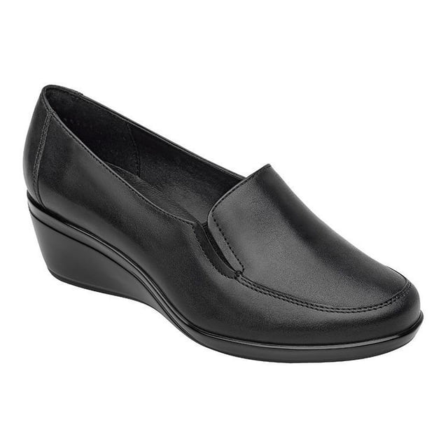 zapato flexi dama 45204 negro zapato de cuña media en piel vacuno negra lisa, vista 3/4 derecha con punta redondeada y elásticos laterales; forro textil y plantilla en piel de cerdo, cuña negra con brillo de 48 mm y suela PU negra, ideal para uso casual y se suele usar también para jornadas largas por su flexibilidad.