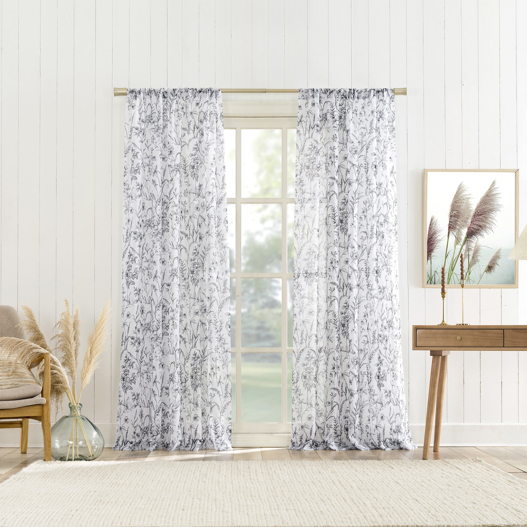 No. 918 Ambree Vintage Floral Sheer Rod Pocket Curtain Panel, 51"x84", Black/White