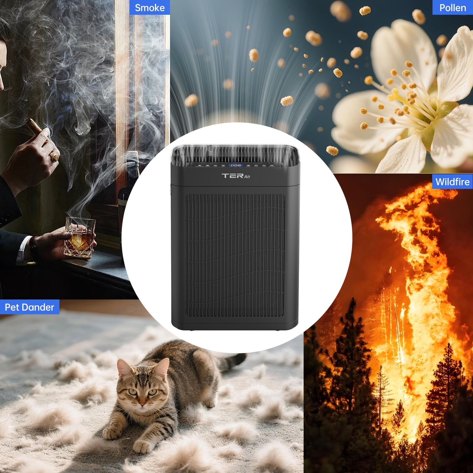 TER Air H13 HEPA Air Purifier for Large Room up to 2500 sq ft with Dual-Sided Intake, PM2.5 Sensor and Washable Filters