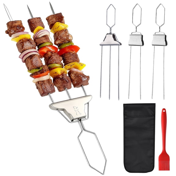 ShellKingdom 3-Prong & 2-Prong Skewers for Kabobs Set of 6, Stainless Steel Metal Skewers for Grilling with Push Bar, BBQ Flat Kebab Skewers Sticks