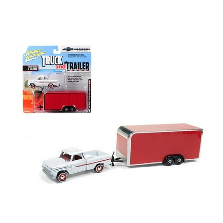 1965 Railroad - JOHNNY LIGHTNING 1:64 TRUCK AND TRAILER - 1965 CHEVROLET STEPSIDE WITH ENCLOSED TRAILER (WHITE, RED) JLSP020