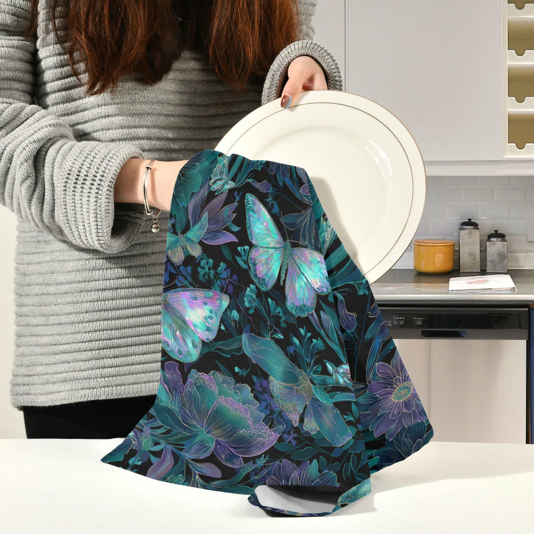 Qxltty Fluorescent Blue Butterfly Kitchen Towels 28 x 18 Inch Set of 6 Soft Cotton Linen Feel Dish Towels with Hanging Loop for Drying, Cleaning & Decor