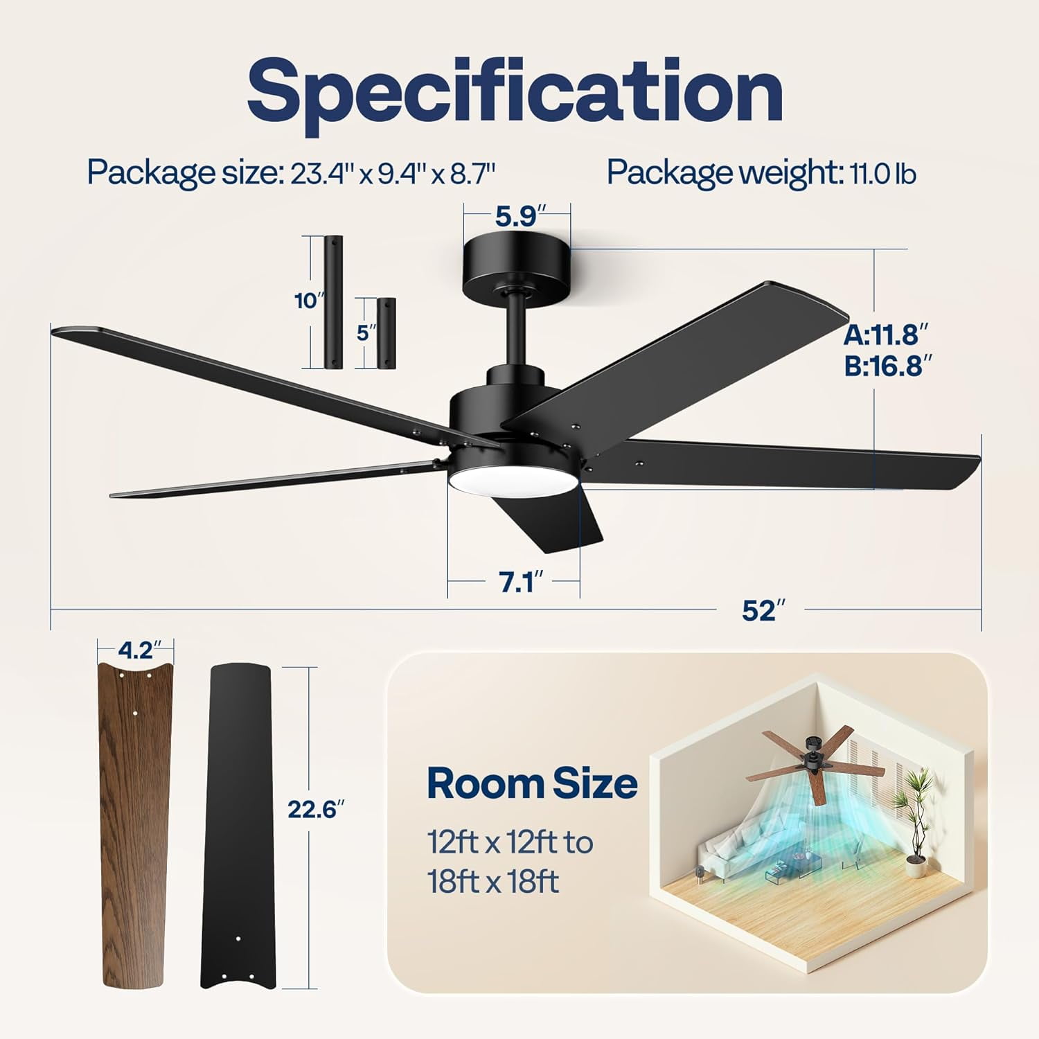 SPECSTAR Ceiling Fans with Lights, 52 inch Low Profile Ceiling Fan with Light and Remote, Flush Mount Black Ceiling Fan for Bedroom, 6+1 Speeds, 3CCT, Dimmable, Timer, Quiet Reversible DC Motor