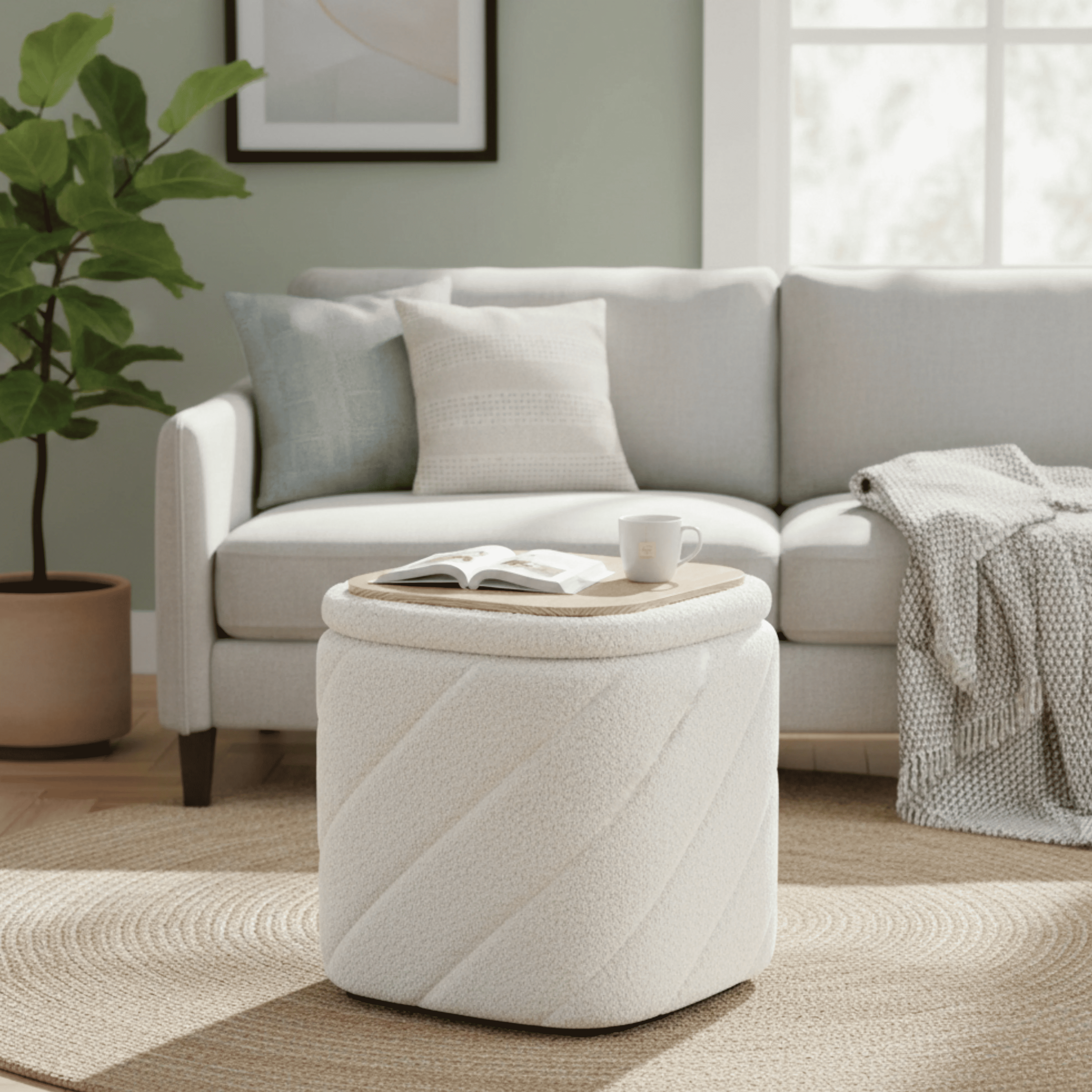 Aria Home Diagonal Tufted Cube Ottoman with Storage, Upholstered Footrest 15" Stool, Ivory