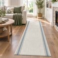 Beige Textured Runner Rug Rustic Beige Runner Rug 2.6'x12', Slate Blue Stripes Border Farmhouse ...