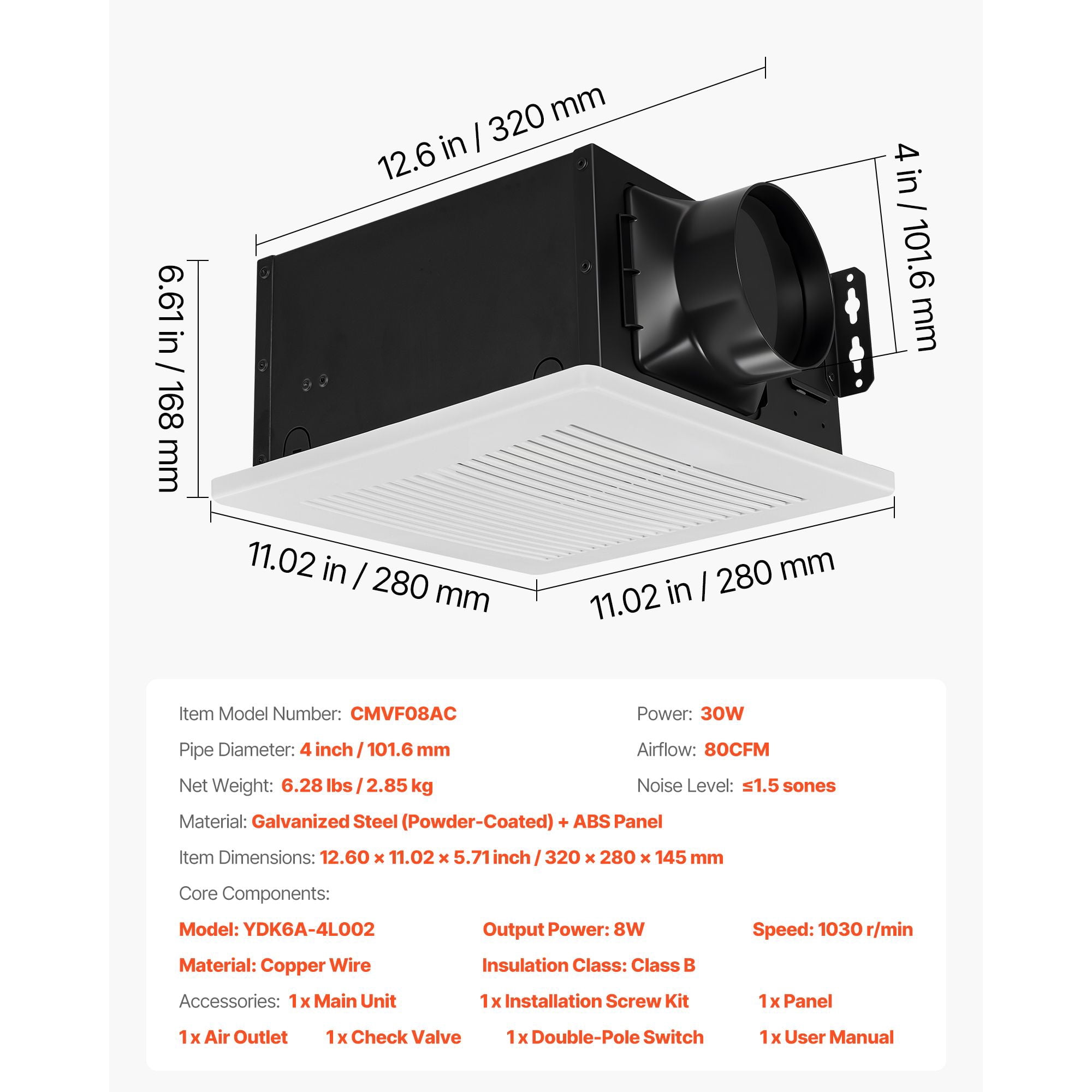 80 CFM Bathroom Exhaust Fan with AC Motor, 1.5 Sones Low Noise, for Laundry Room Home Ventilation