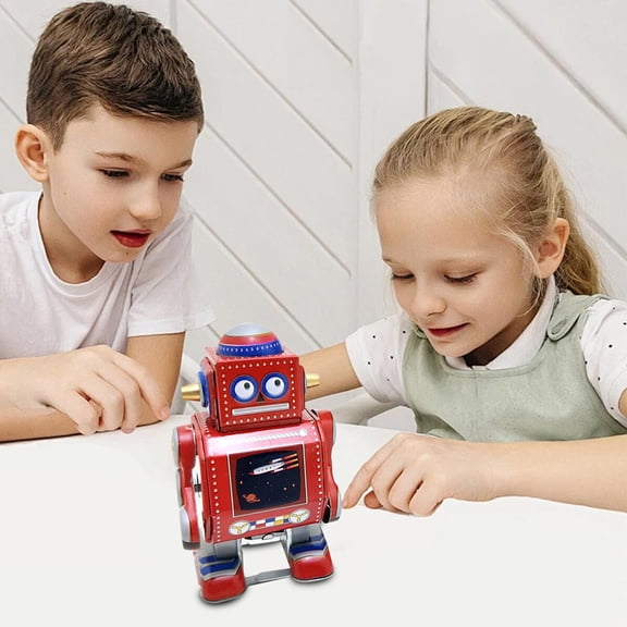 Goowood Mini Tin Plate Wind Up Robot Vintage Desk Toy Collectible Retro Metal Walking Robot for Adults Kids Home Decor Gift Red