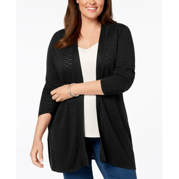 Charter Club Plus Size Open Front Ribbed Knit Cardigan Deep Black 0X