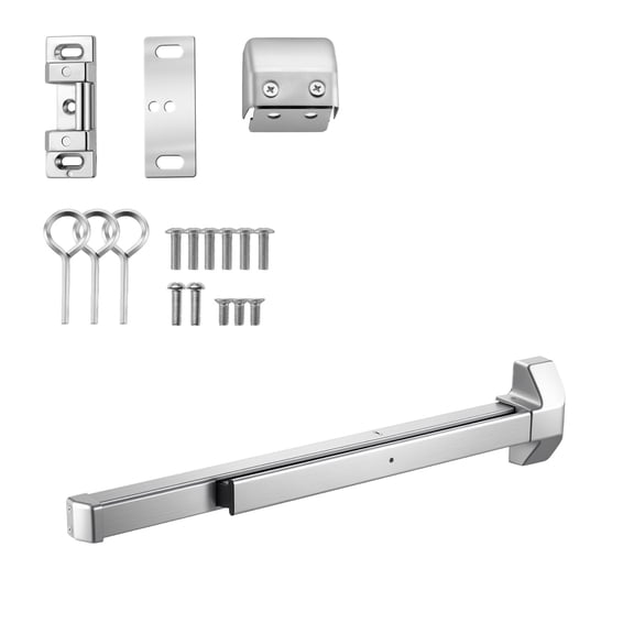 KFFKFF Push Bar Panic Exit Device, 31" Stainless Steel Commercial Door Hardware for Emergency Exits, Dual Locking Bolt with Sticker, Compatible with 31"-46" Wood or Metal Doors, Silver