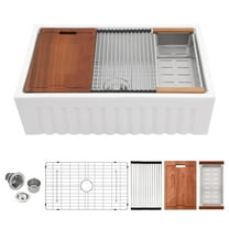 LOGMEY 33"x20" White Ceramic Farmhouse Workstation Kitchen Sink - Single Bowl, 3.5" Drain, Accessories Included
