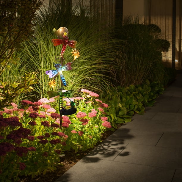 Lámpara solar para césped, artesanía, enchufe de tierra de hierro, luz de 600 mAh, decoración de jardín (libélula)