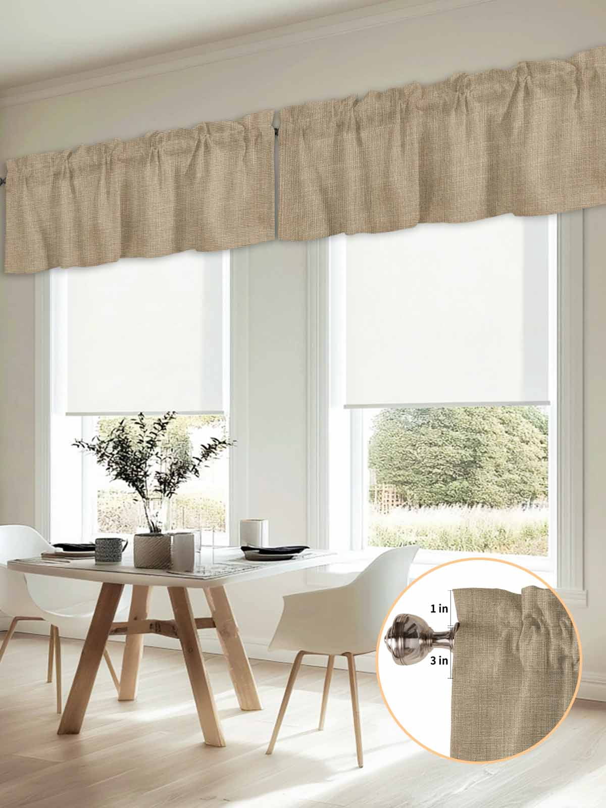 2 Panels Beige Valance for Windows, Farmhouse Burlap Solid Brown Color Modern Linen Texture Light Filtering Kitchen Curtains, Rod Pocket Window Treatment Curtain Valances for Living Room, 42"x18"