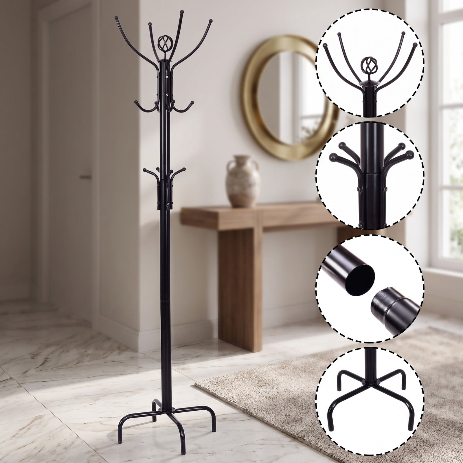 Furnibear Freestanding Metal Coat and Hat Rack Stand with 12 Hooks and Three-Tier Design for Entryway Hallway and Bedroom, Black