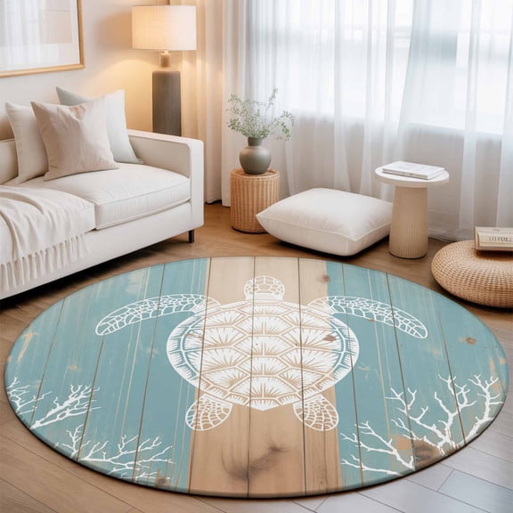 Small Round Rug 3Ft, Coastal Sea Turtle Non-Slip Washable Circle Rugs Carpet, Summer Coral Ocean Vintage Wood Indoor Outdoor Rug Floor Mats Throw Runner for Bedroom Living Room Bathroom