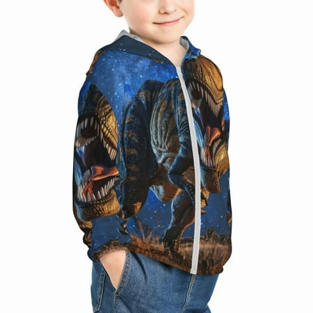 

Uemuo Starry Night Charging Dinosaur Pattern Rash Guard for Boys Girls Long Sleeve Swim Shirts UPF 50+ UV Sun Protection Hooded Fishing Shirt with Pocket for Kid-2 Years