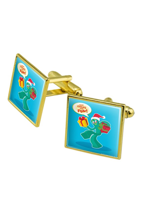 Gumby In Santa Hat With Gifts Here Comes The Fun Square Cufflink Set - Silver or Gold