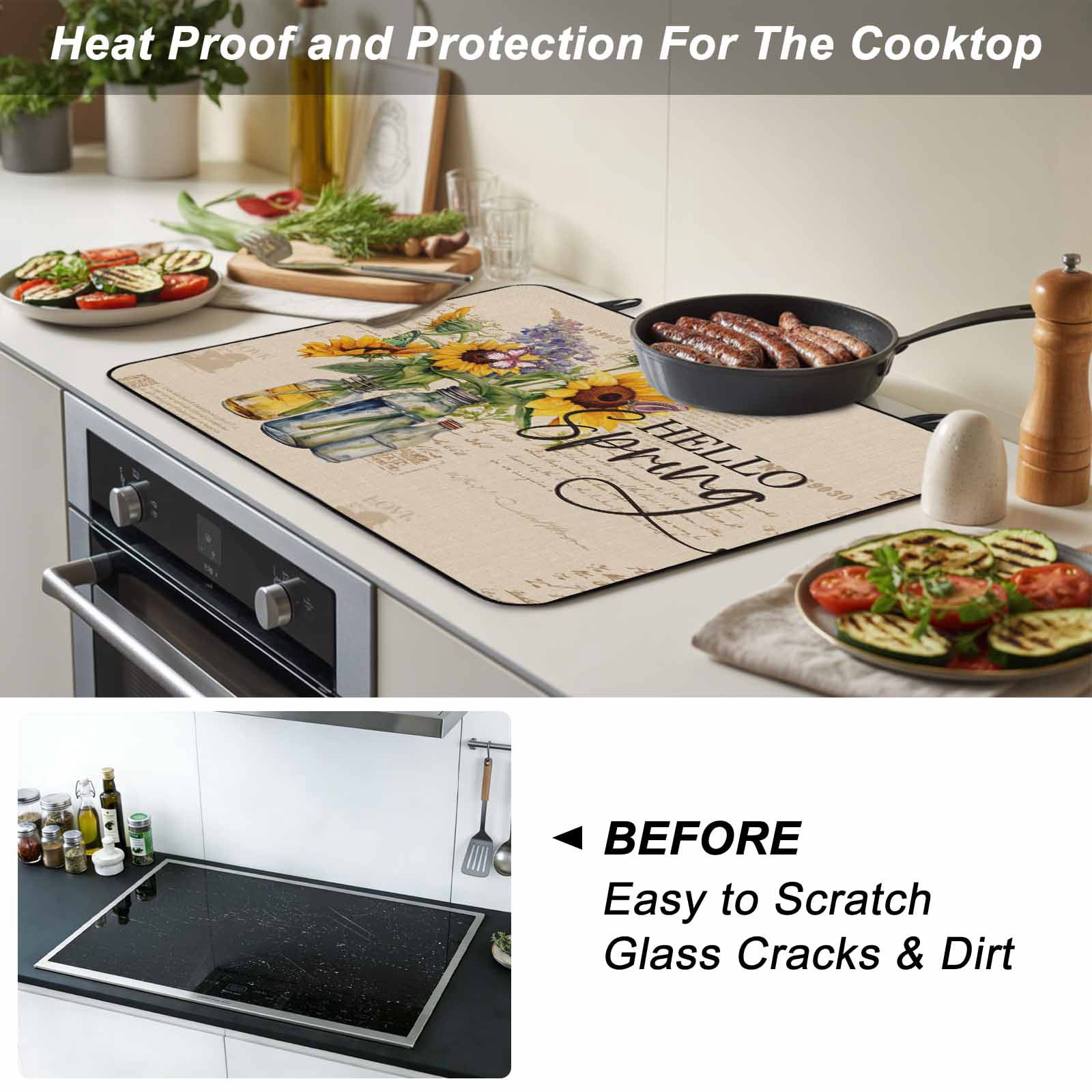 Sunflower Stove Top Cover for Electric Stove, Heat-proof & Non Slip Glass Top Stove Cover Protector, Spring Floral Summer Botanical Farmhouse Kitchen Flat Cooktop Rubber Mat 24x21 Inches