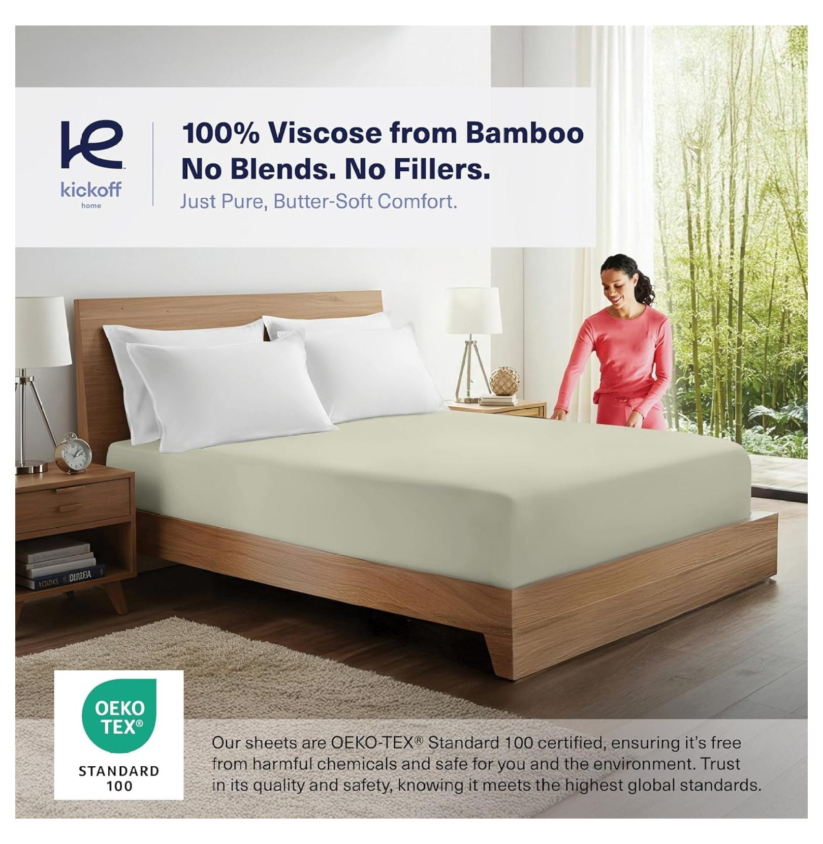 Kickoff Viscose Bamboo Fitted Sheet Queen Size, 100% Organic Cooling Sheets Fitted ONLY Viscose Bamboo Sheets Queen Size Bed Sheet for Hot , Extra Deep Pocket, 4 Corner Strap (Q, Soft Sage)