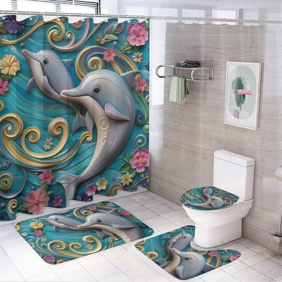 4Pcs Dolphin Nautical Shower Curtain Sets with Rugs, Toilet Lid Cover and Bath Mat, 3D Art Floral Abstract Ocean Bathroom Shower Curtains Set with 12 Hooks