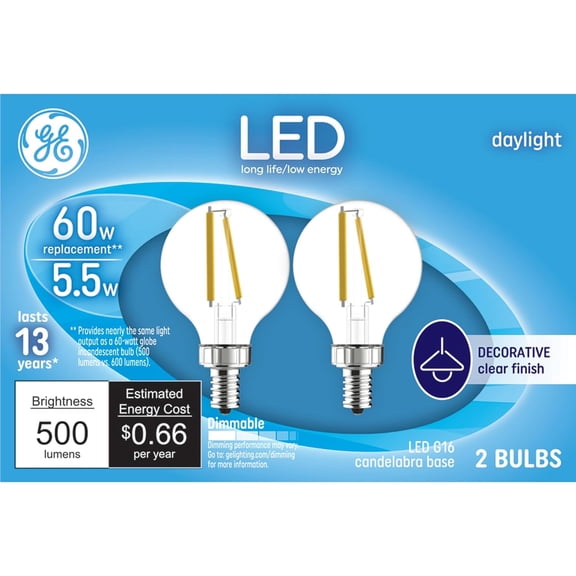 PLUHKN-LED Light Bulbs, 60 Watt, Daylight, G16 Globe Bulbs, Clear, Small Base (2 Pack)