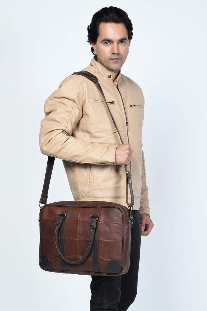 Two Tone Brown Leather Checkerboard Laptop Brief