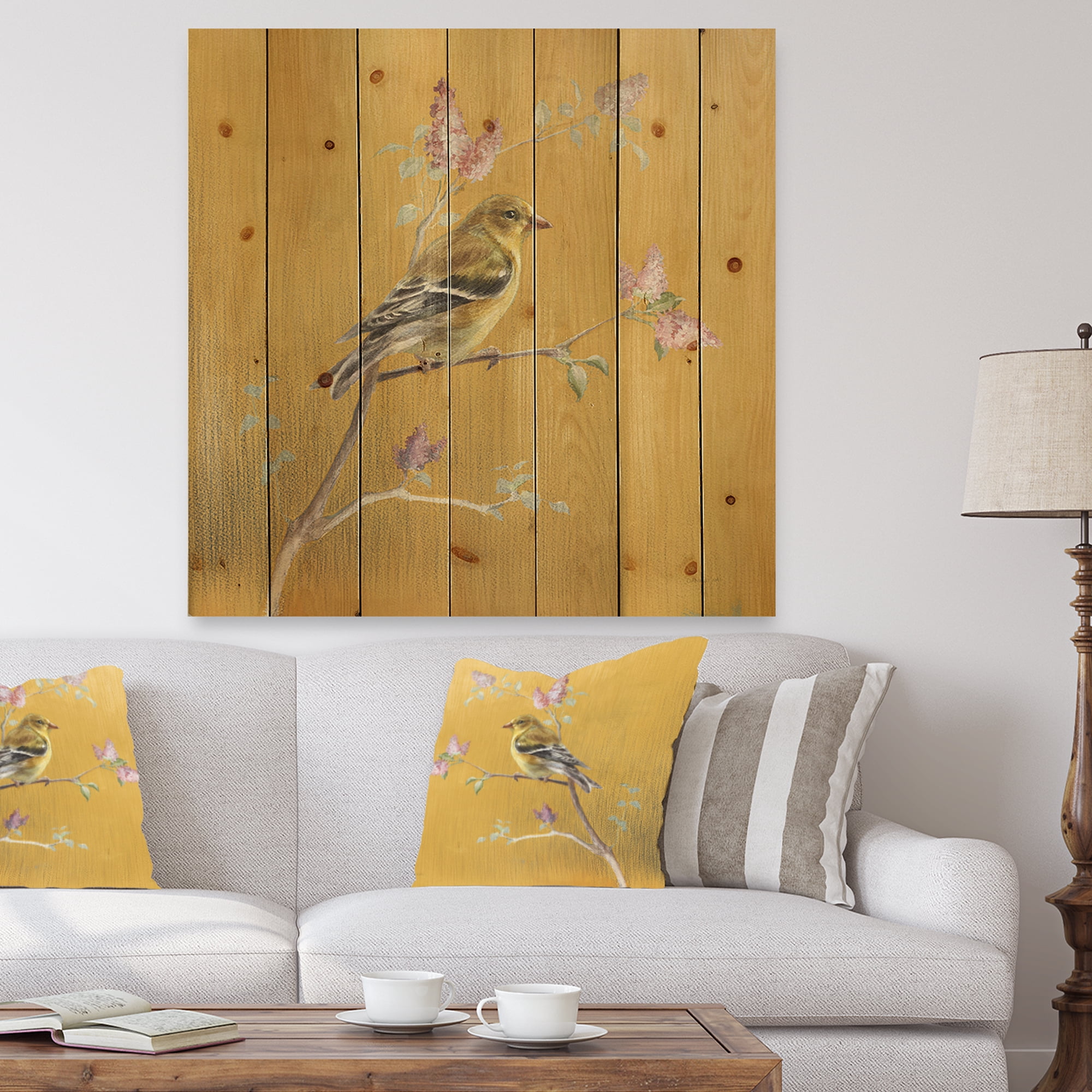 Designart 'Gold Bird Sitting on Blossoms III' Farmhouse Print on Natural Pine Wood