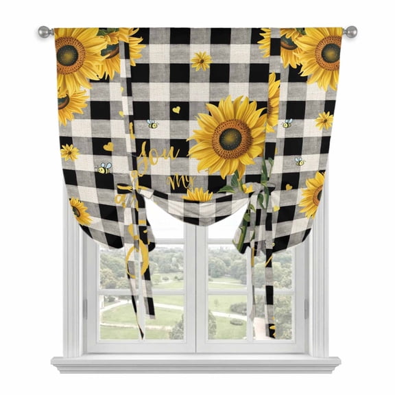 Sunflower Checked Balloon Curtains for Living Room/French Door, Vintage Garden Floral Bees Farmhouse Tie Up Curtains 63 Inch Length Energy Saving Kitchen Curtains Shades for Windows 42"x63"