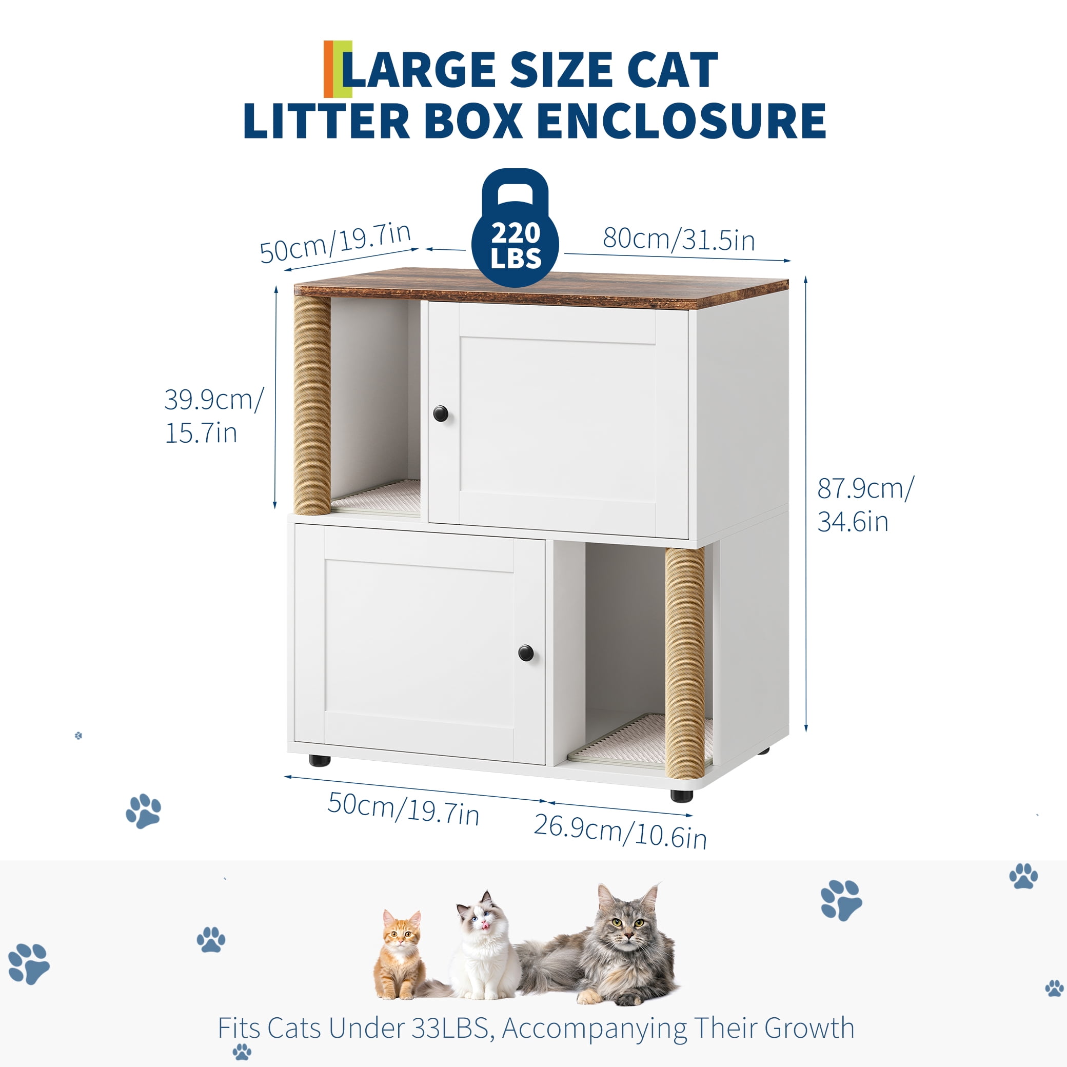 Double Layer Cat Litter Box Enclosure for 2 Cats, Hidden Litter Box Furniture with Cat Scratching Post and Board, 2 Story Wooden Cats Washroom or Bed