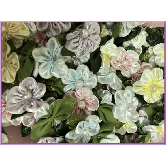 Charmed 100 Satin 5 Petals Flower w/ Leaf 1" Applique Sewing Bow Craft Mix Color 1250A