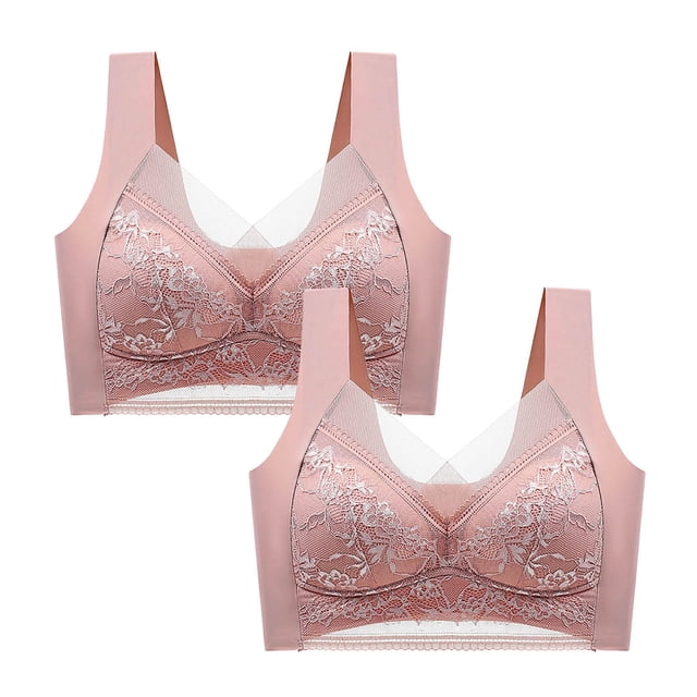 AherBiu 2PCS Plus Size Bras for Women Lace Full Coverage Push up Padded Large Bust Bralettes Solid Color Everyday Bras
