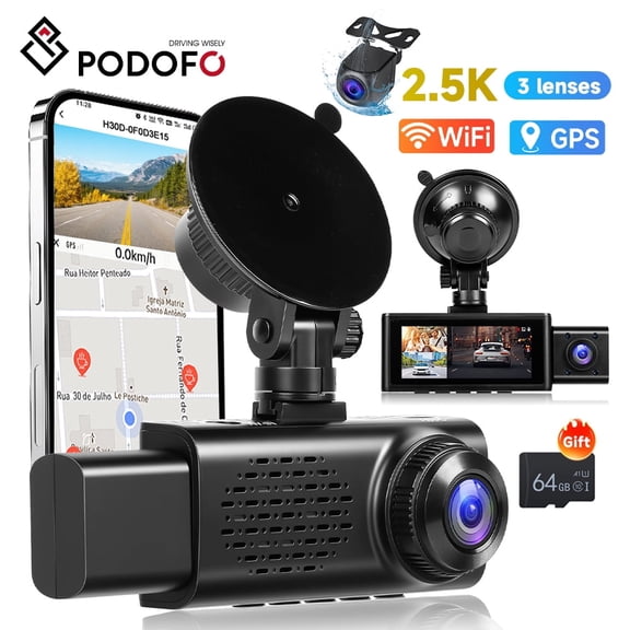 Podofo 3 Channel 2.5K Dash Cam with GPS WiFi & APP Control, 2.5K Front 1080P Inside  1080P Rear, Triple Dash Camera for Car with 64GB Card, G-Sensor, 24H Parking, Loop Recording, Night Vision