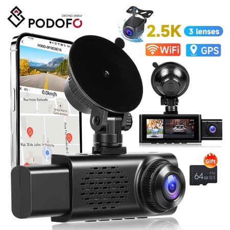 Podofo 3 Channel 2.5K Dash Cam with GPS WiFi & APP Control, 2.5K Front+1080P Inside +1080P Rear, Triple Dash Camera for Car with 64GB Card, G-Sensor, 24H Parking, Loop Recording, Night Vision