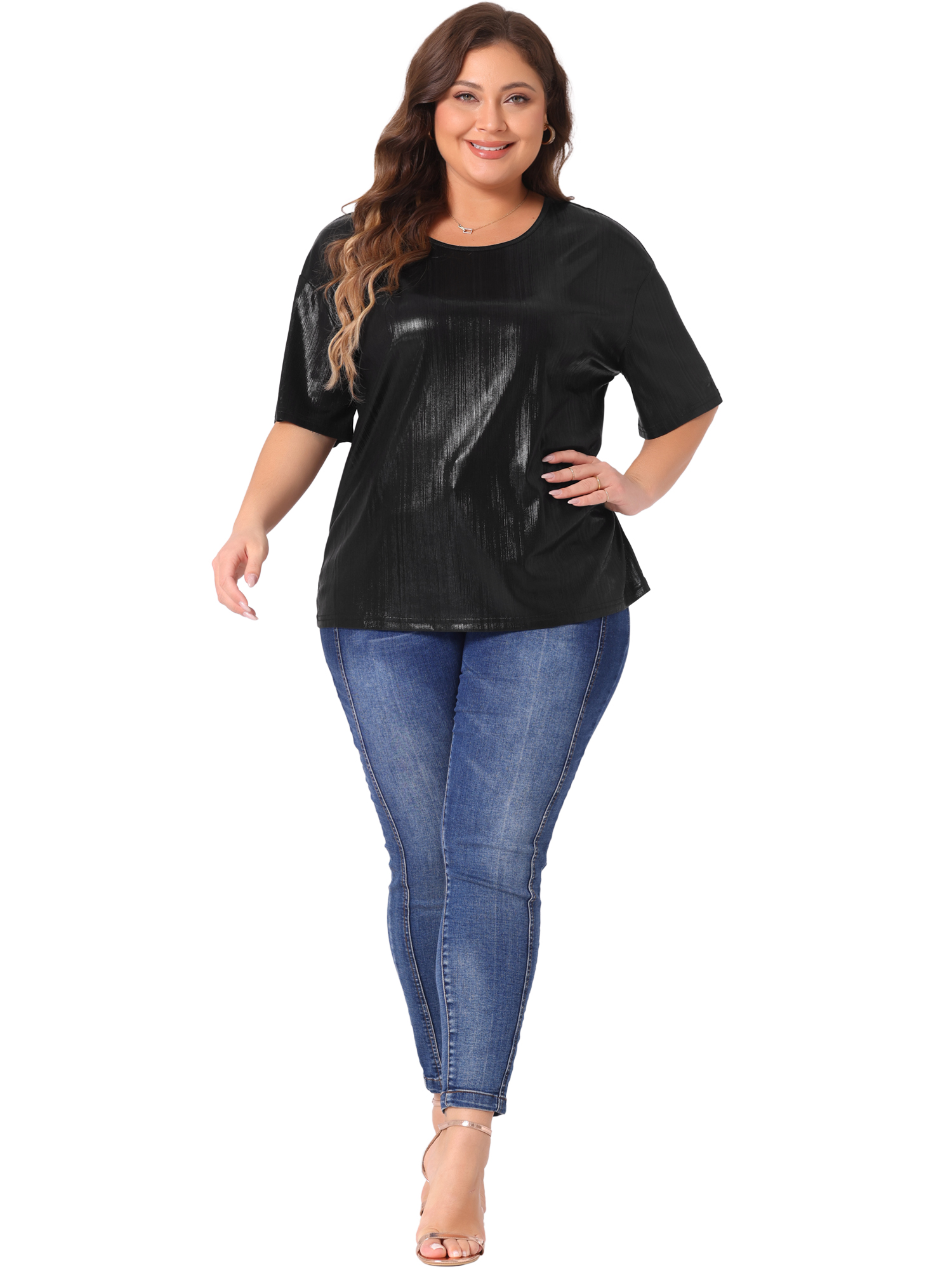DARING DIVA Women's Plus Size Metallic Round Neck Short Sleeve Blouses 2X Black