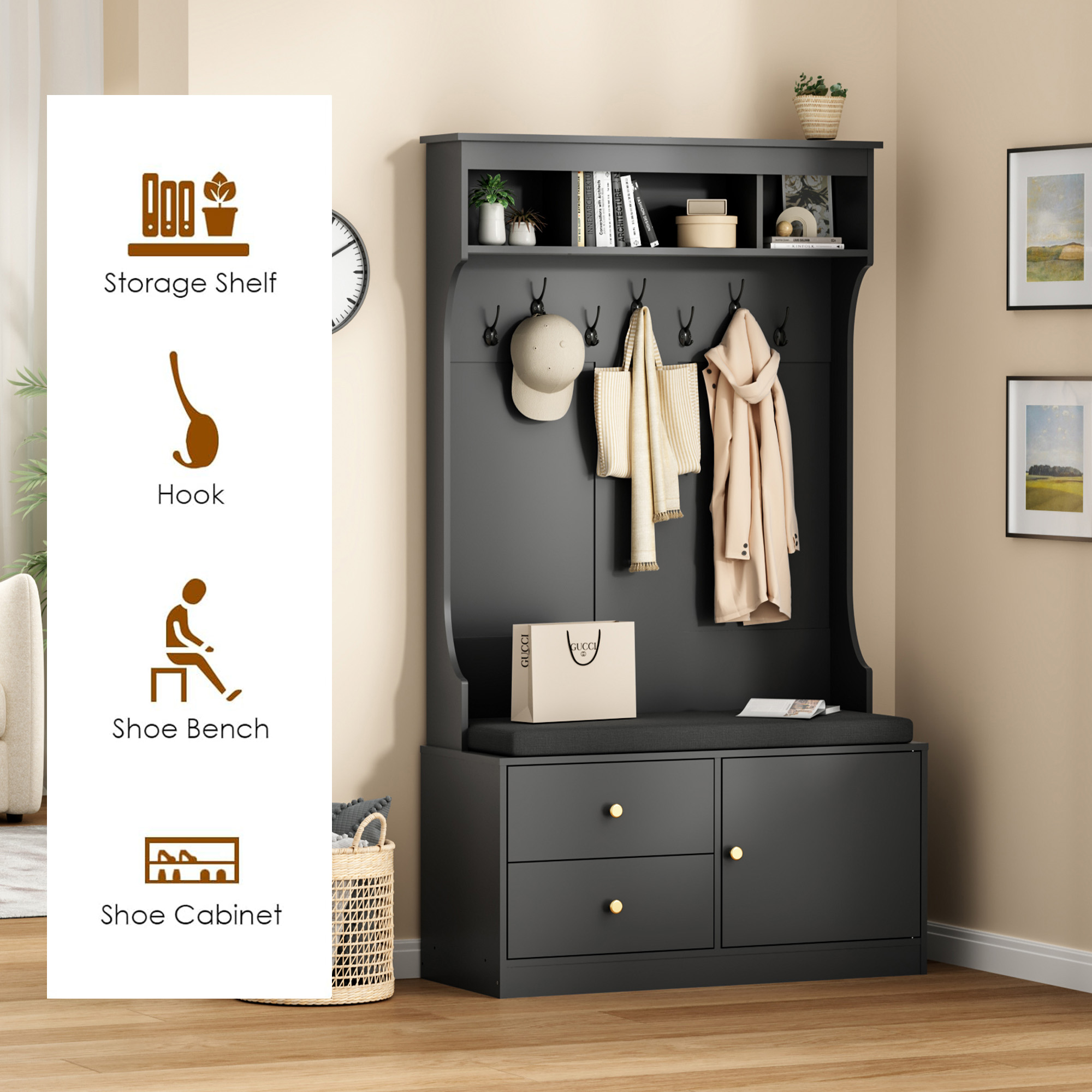 MAYEERTY White 71" 6-in-1 Farmhouse Hall Tree with Shoe Storage, 7 Hooks & Mudroom Bench for Entryway