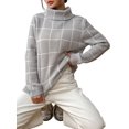 thumbnail image 3 of Women Fall High Neck Plaid Sweater Long Sleeve Loose Casual Chunky Checked Knit Winter Sweaters Jumper Tops Gray XL, 3 of 9