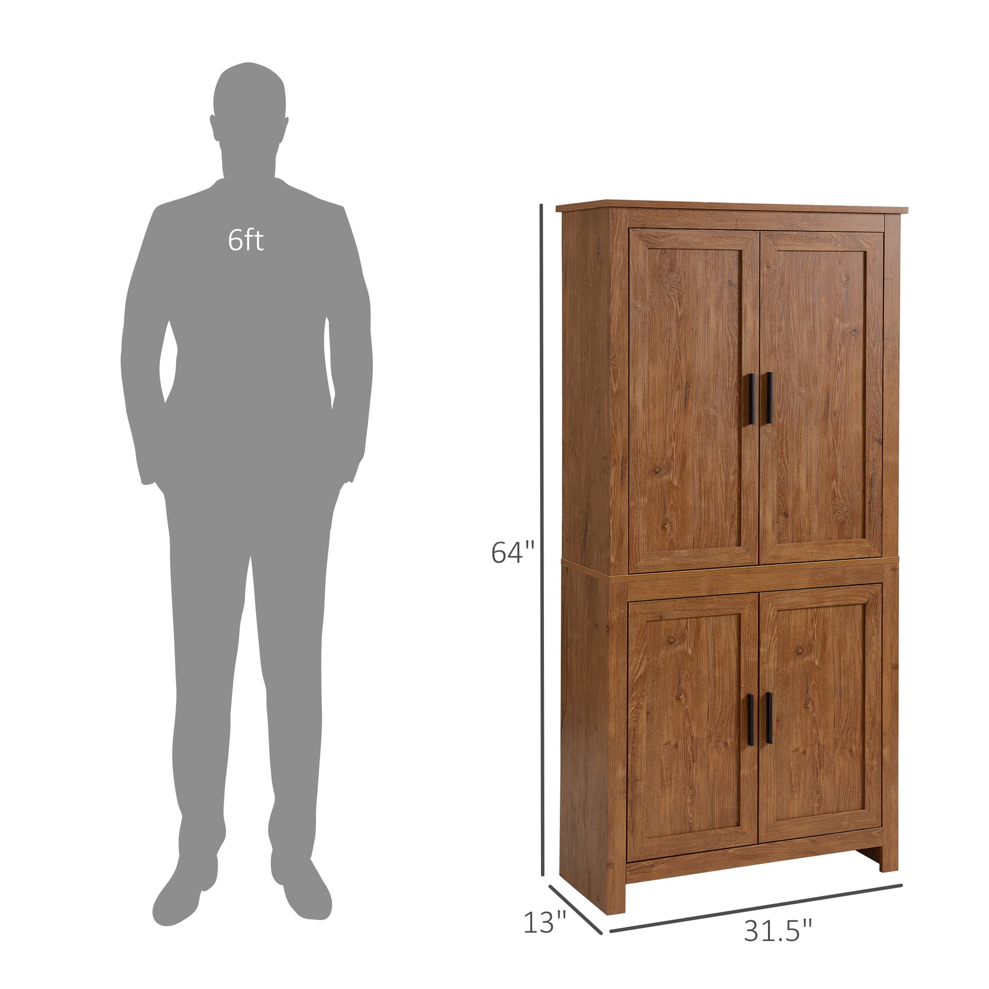 HOMCOM 64" 4-Door Kitchen Pantry, Freestanding Storage Cabinet with 3 Adjustable Shelves for Kitchen, Dining or Living Room, Oak