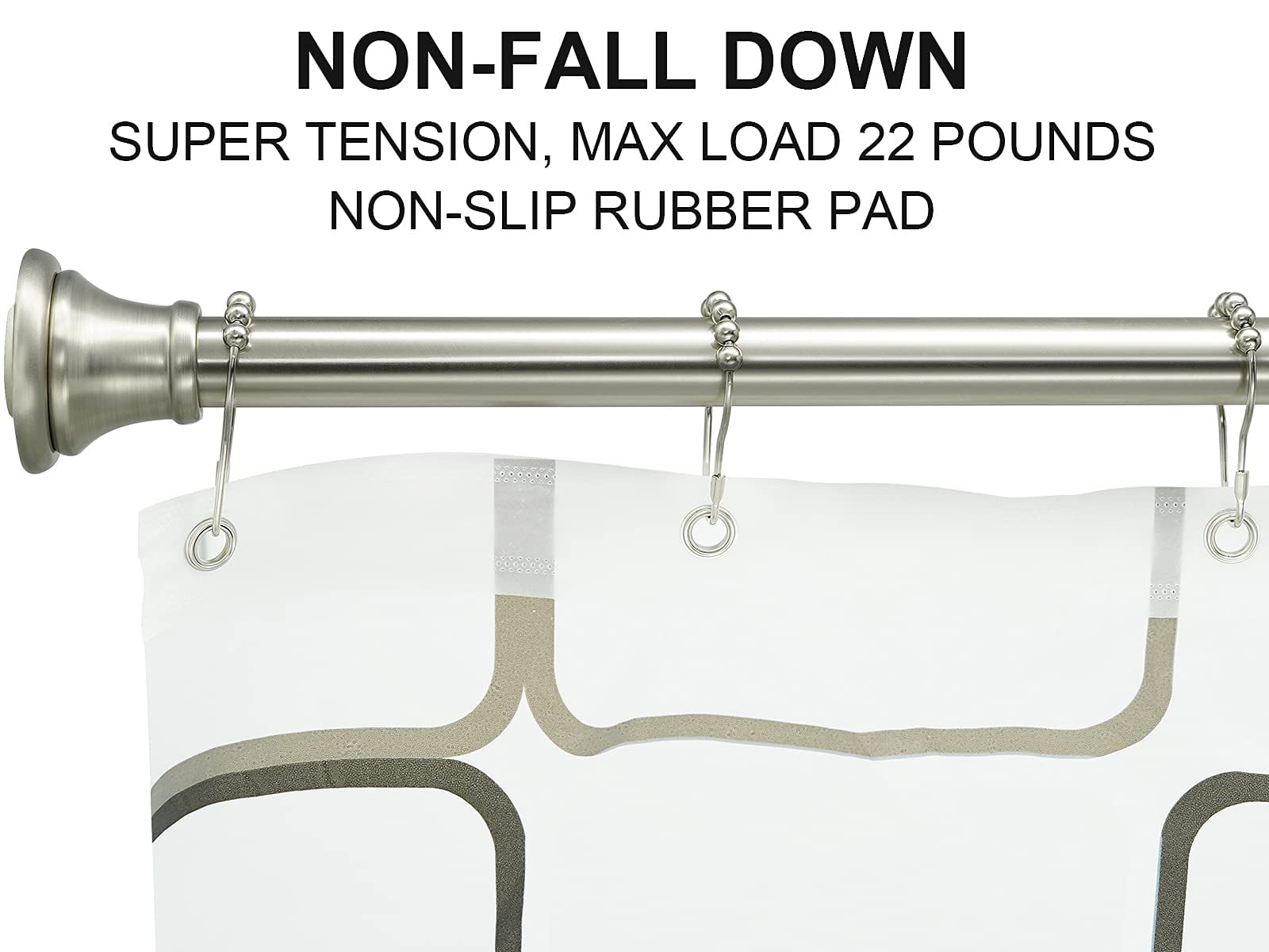 BloomFlower Nickel Shower Curtain Rod, 43-72 inches, Brushed Nickel ,Never Rust , Metal Rod,Spring Tension