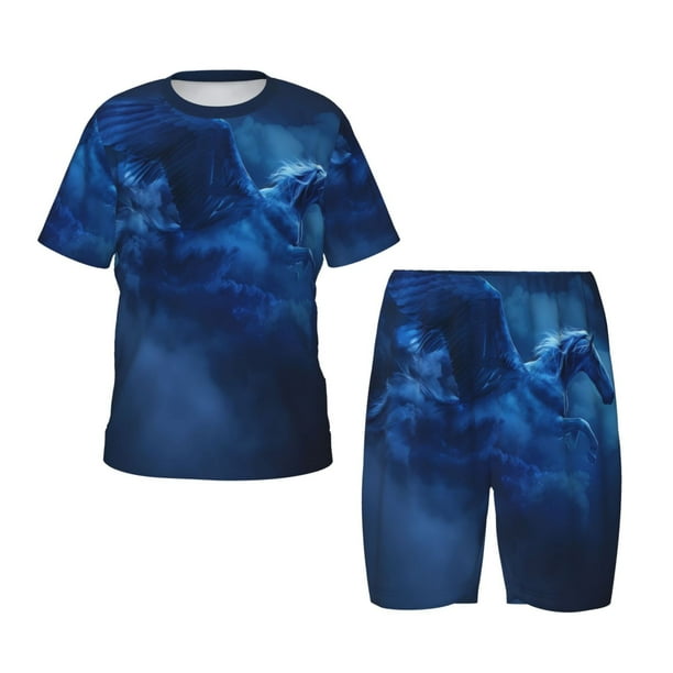 Fotbe Pegasus Night Sky Pijama Estampada de 2 Piezas para Niños – Ropa de Dormir de Manga Corta Cómoda para Niños y Niñas, Camiseta y Shorts de Algodón-Medium