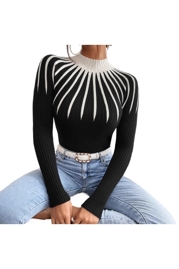Womens Half Turtleneck Striped Knit Sweater, Slim Fit Long Sleeve Pullover Top, Lightweight Viscose Ribbed Knitwear for Fall Winter, Elegant Office Casual Layering Shirt, Gift for Mom or Her