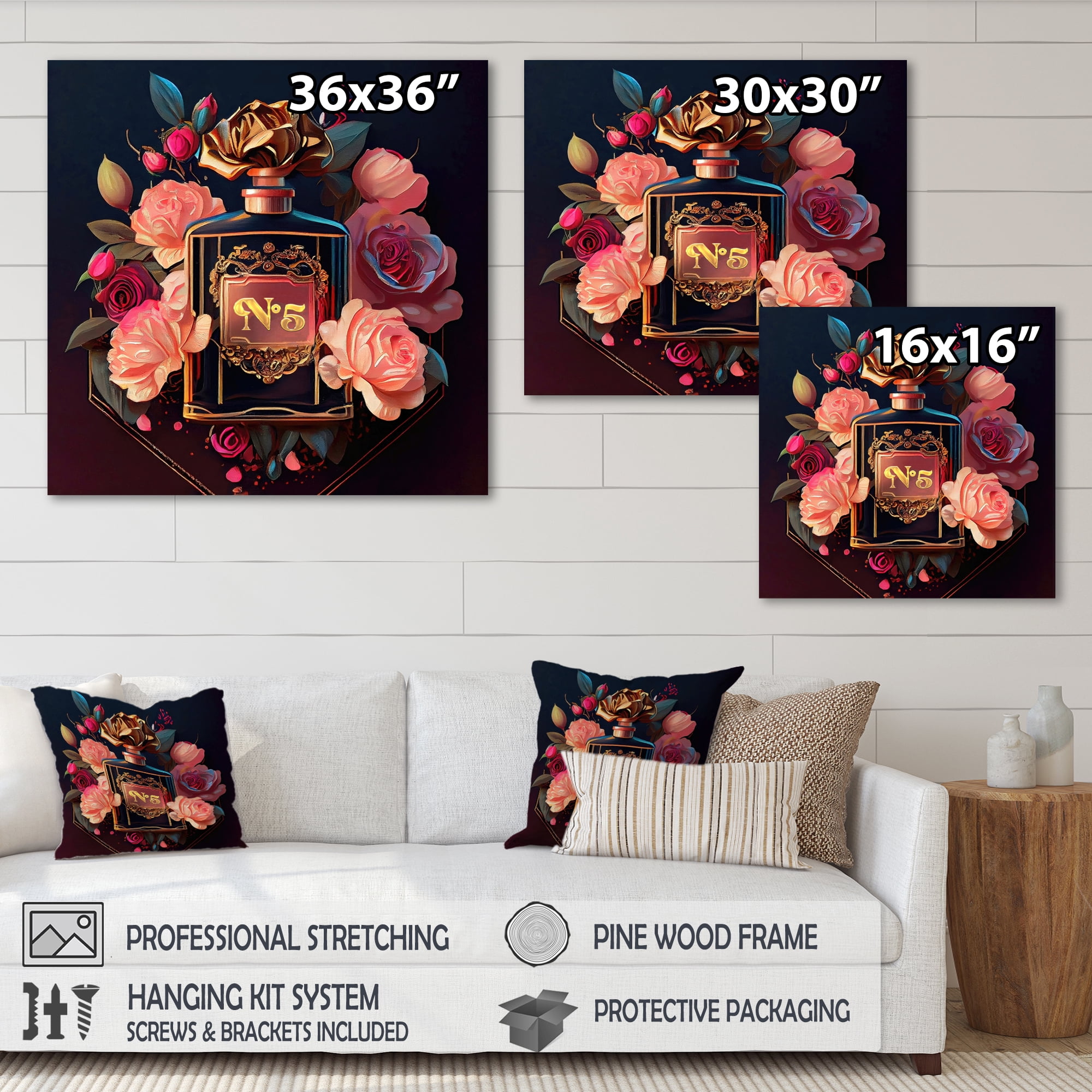 Designart Chic Perfume Bottle With Pink Roses II Canvas Wall Art
