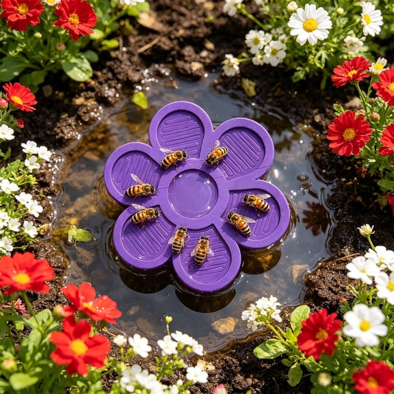 YAMB Flower Shaped Floating Drinking Station, 7.87in Outdoor Bee Floating Water Station Decor, Lightweight Foam Bird Bath Decor for Garden Orchard and Farm Outdoor Water Feeding, Purple