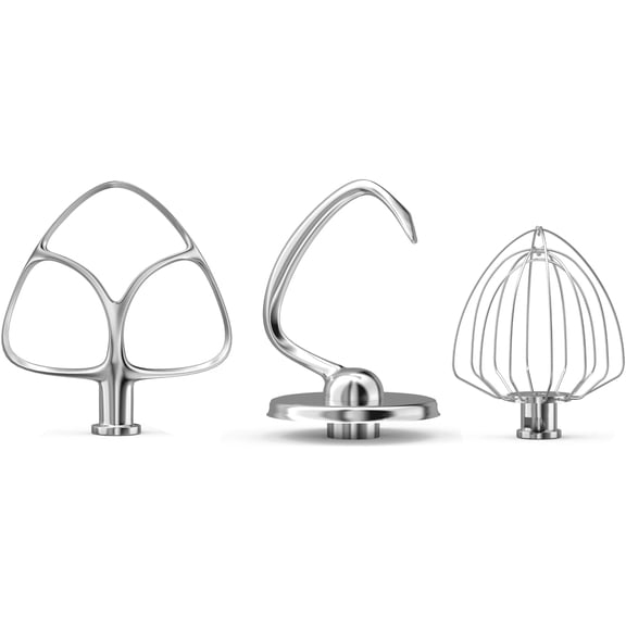 YANGLI 3-Piece Stainless Steel Stand Mixer Attachments for KitchenAid Mixer, Includes 6-Wire Whip, Flat Beater & Dough Hook, 4.5-5 Qt Bowl