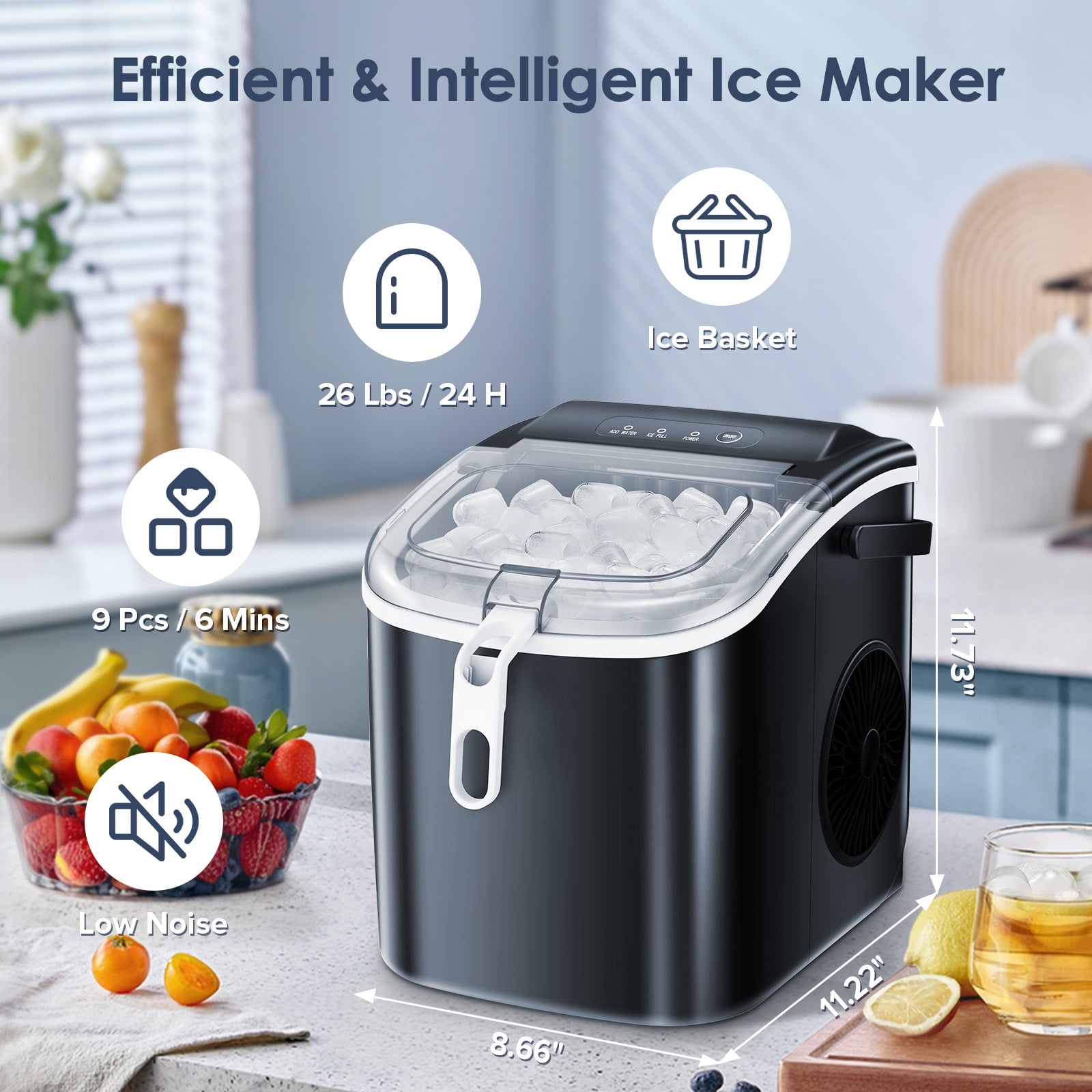 KISSAIR Portable Ice Maker Countertop, 9Pcs/8Mins, 26lbs/24H, Self-Cleaning  Ice Machine with Handle for Kitchen/Office/Bar/Party, Green