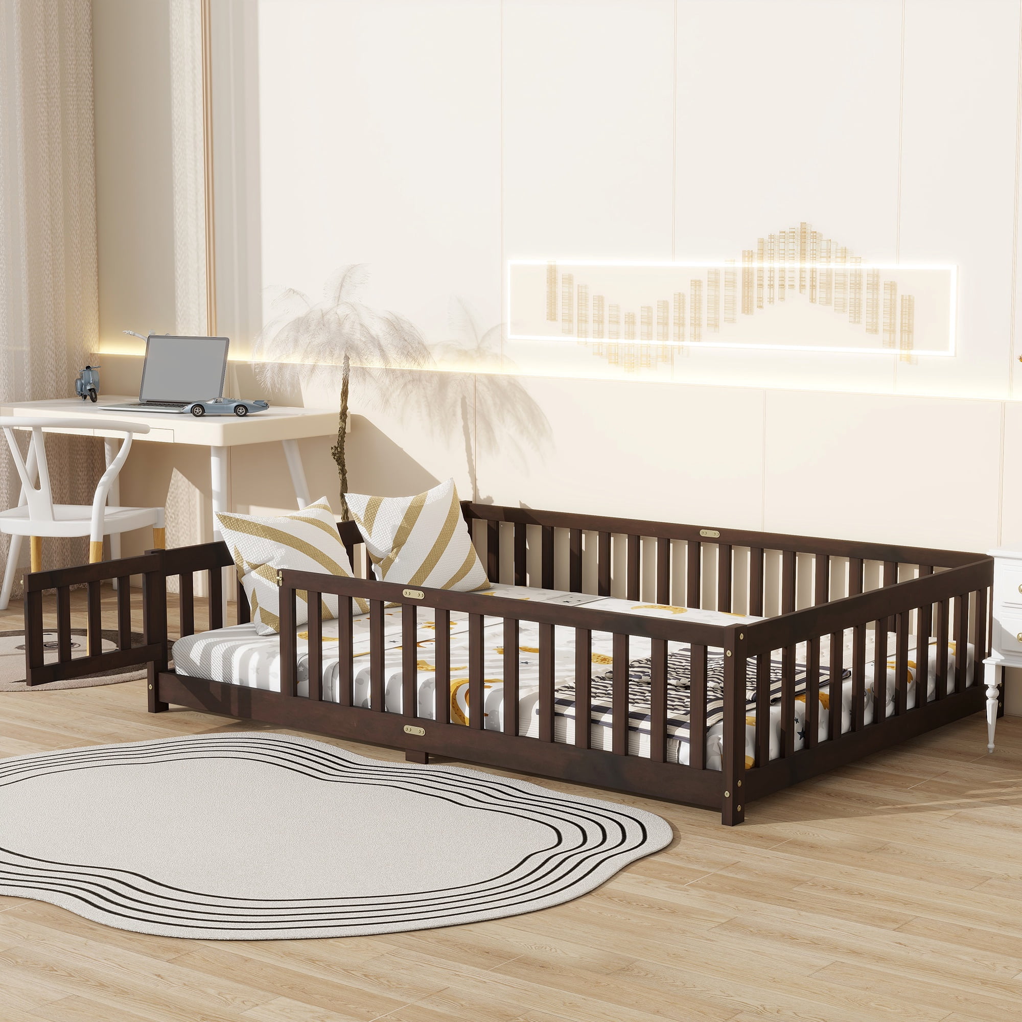 Full Size Kids Toddler Floor Bed with Door and Fence, UHOMEPRO Montessori Floor Bed with Slats and Safety Guardrails, Solid Wood Full Bed Frame for Bedroom, Espresso