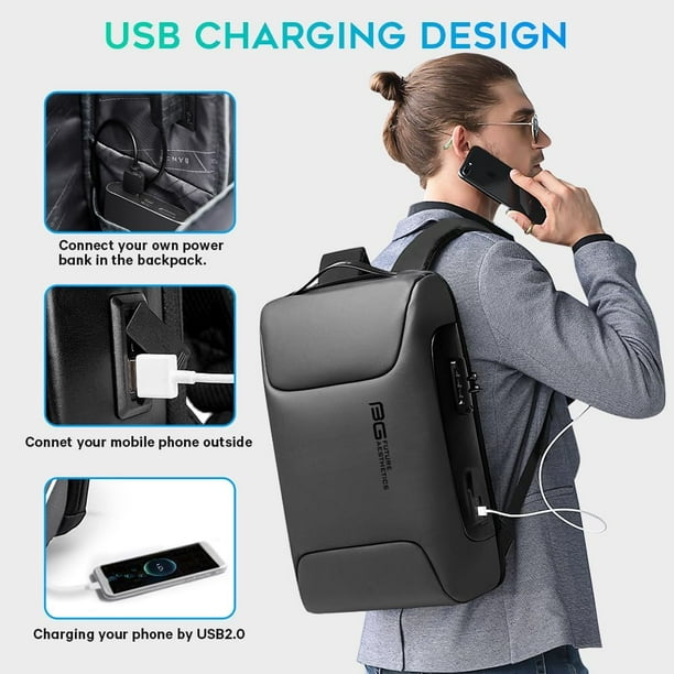 BANGE Anti Theft Backpack with USB charging Port,Lightweight Business Backpack for Men and Women, grey