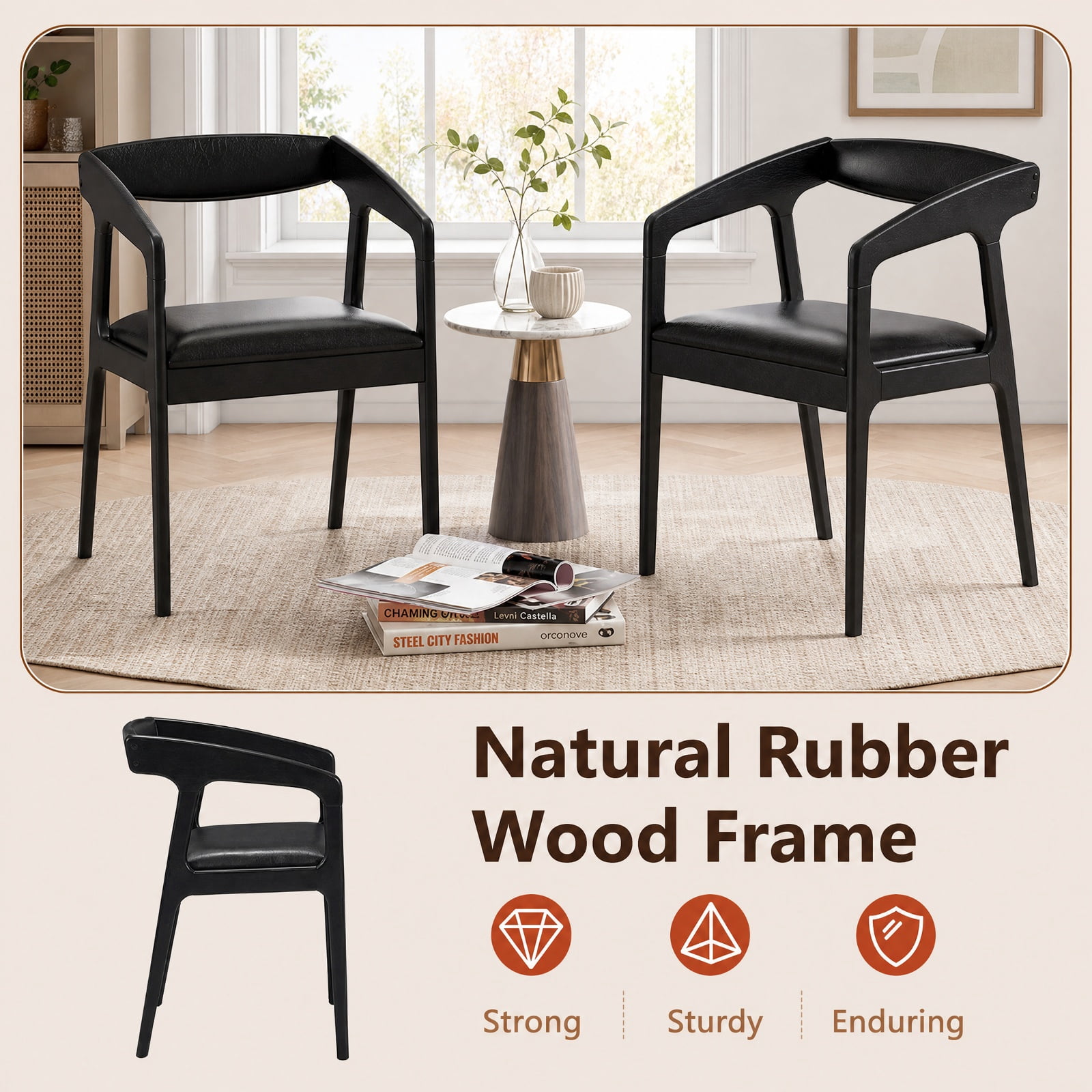 Furnibear Upholstered Armchairs Set of 2 with Cozy Backrest and Padded Seat Cushion for Kitchen Dining Room Living Room Home, Black