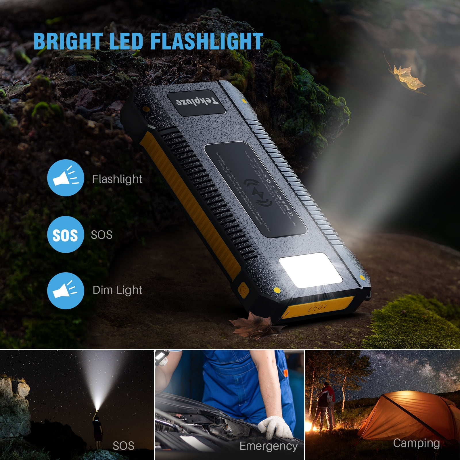 Solar Power Bank 30000 mAh, Wireless Portable Charger Solar Panel External Battery Type-C 5V Dual USB with LED Flashlight (Waterproof, Dustproof, Shockproof) Compatible with iOS & Android
