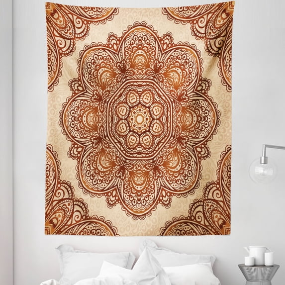 Ethnic Tapestry, Mandala Style Floral Flower with Abstract Paisley Backdrop Art Print, Fabric Wall Hanging Decor for Bedroom Living Room Dorm, 5 Sizes, Dark Brown Pale Brown, by Ambesonne
