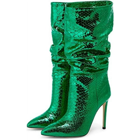 

Metallic Boots For Women Stiletto Heel Slouchy Mid Calf Boot With Snake-Pattern Pointed Toe Booties