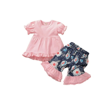 

Summer Kids Baby Girls 2-piece Outfit Set Short Sleeve Round Neck Tops+Floral Print Shorts Set